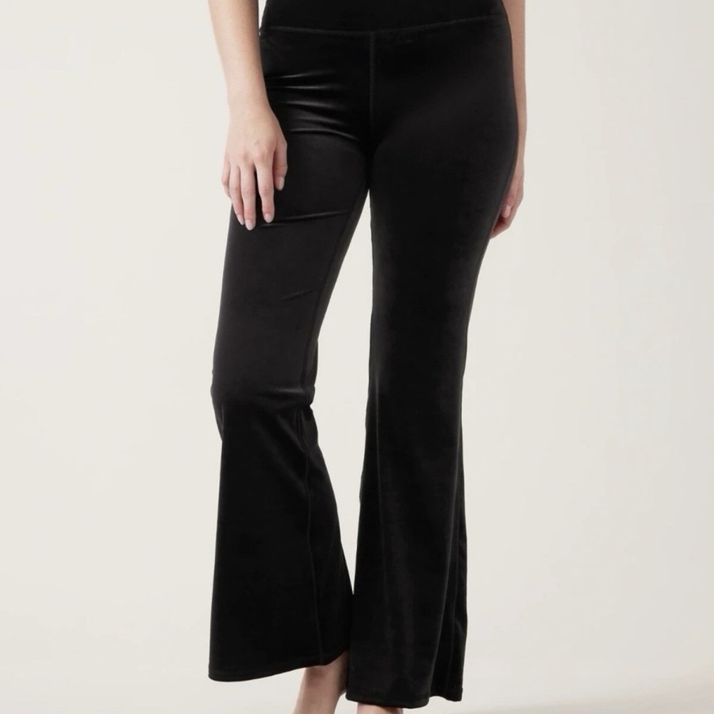 Athleta Elevation Velvet Flare Pants L Black Wide Leg Athleisure Yoga Activewear